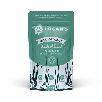 A 200g stand-up pouch of Logan's 100% Organic Seaweed Powder for pets, featuring a teal and white design with black seaweed illustrations.