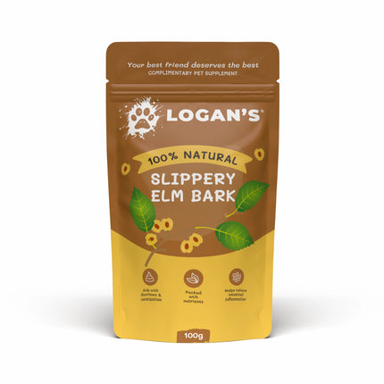 A 100g stand-up pouch of Logan's Slippery Elm Bark dog supplement, featuring a brown and yellow design with illustrations of elm leaves and bark.