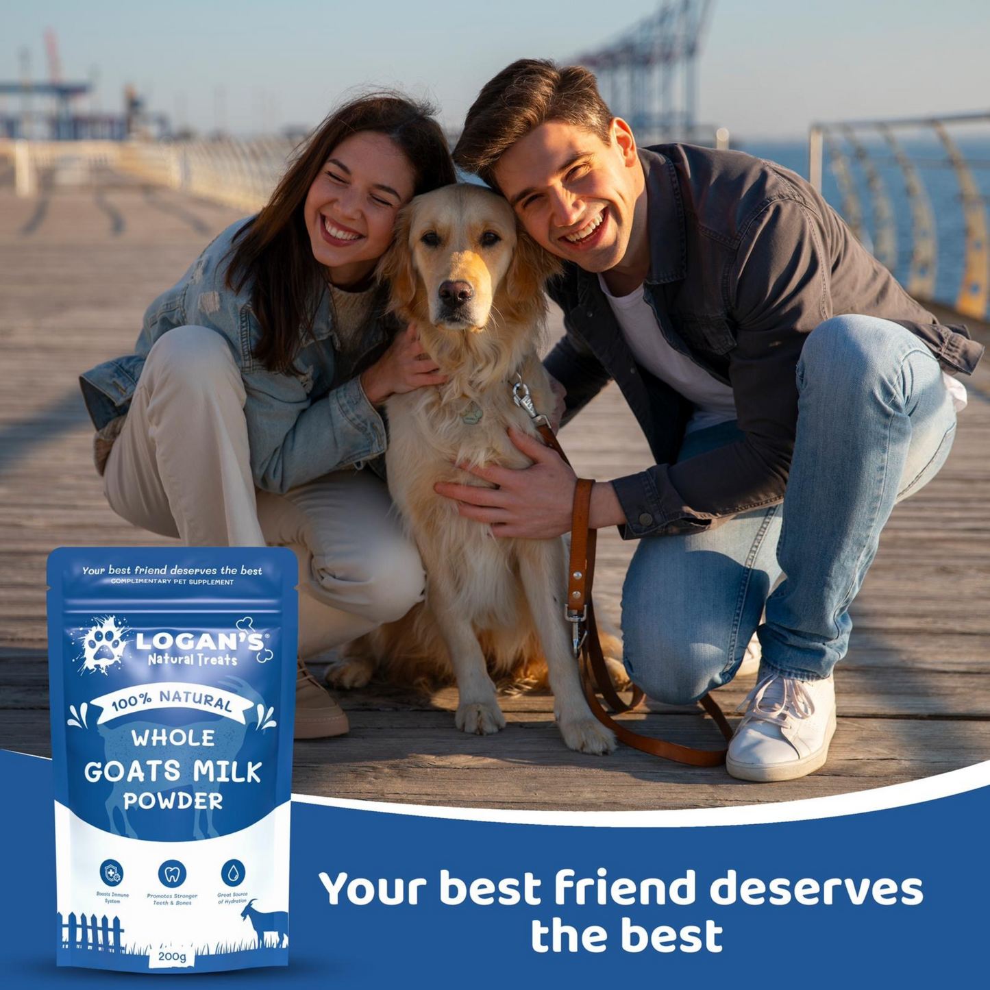 Happy couple with their dog and Logan’s Whole Goats Milk Powder, promoting pet health and well-being.