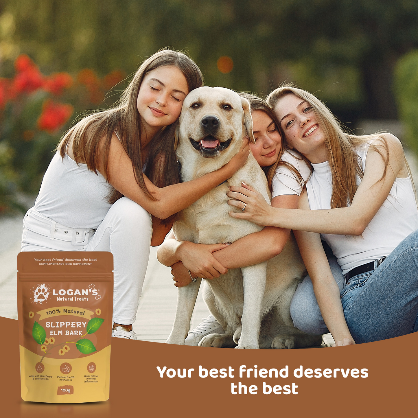 Happy family with their dog and Logan’s Slippery Elm Bark Powder, promoting natural digestive and skin support for pets.