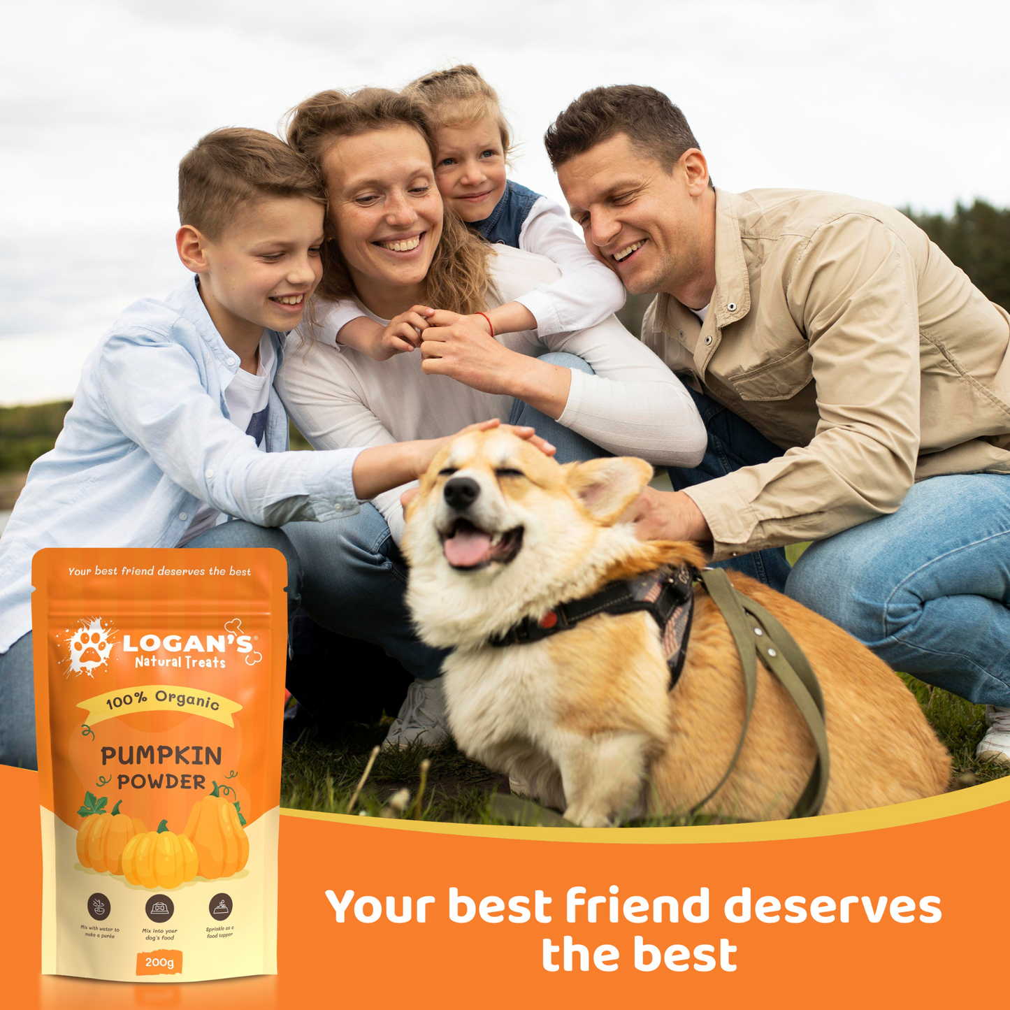 Family outdoors with happy dog and Pumpkin Powder pouch – Logan’s Natural Treats