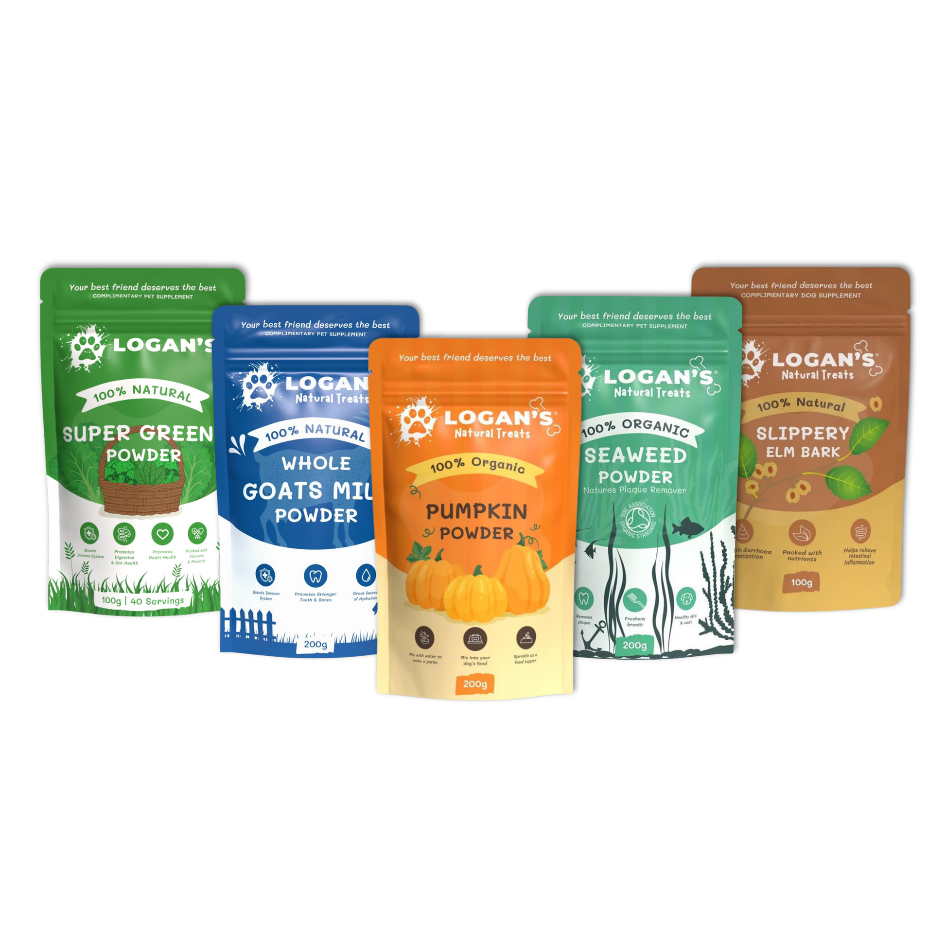 Logan’s Enrichment Bundle – Complete Natural Supplement Pack for Dogs and Cats featuring Super Greens, Goat’s Milk, Pumpkin, Seaweed, and Slippery Elm Powders