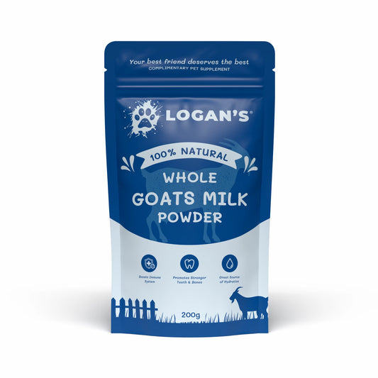 A 200g stand-up pouch of Logan's 100% Natural Whole Goats Milk Powder, featuring a blue and white design with a goat silhouette and icons indicating benefits, set against a plain white background.