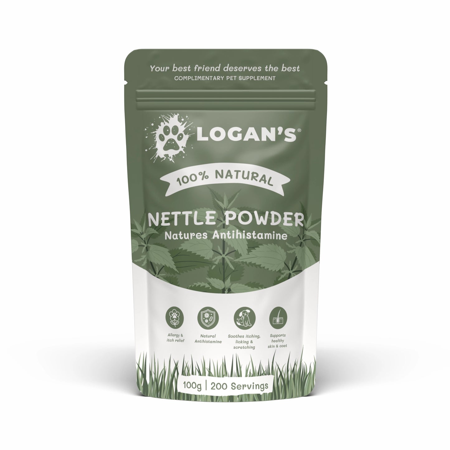 A 100g stand-up pouch of Logan's Nettle Powder complementary pet supplement, featuring a sage green and white design with a paw print logo and leaf pattern.