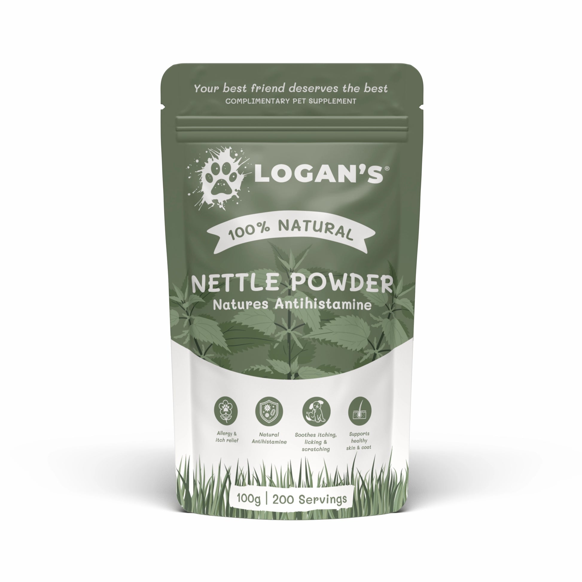 A 100g stand-up pouch of Logan's Nettle Powder complementary pet supplement, featuring a sage green and white design with a paw print logo and leaf pattern.