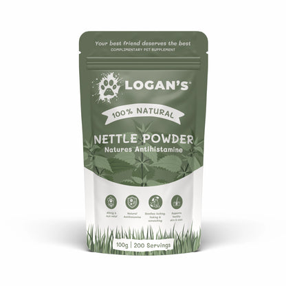 A 100g stand-up pouch of Logan's Nettle Powder complementary pet supplement, featuring a sage green and white design with a paw print logo and leaf pattern.