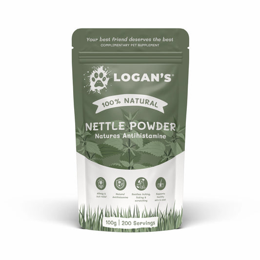 A 100g stand-up pouch of Logan's Nettle Powder complementary pet supplement, featuring a sage green and white design with a paw print logo and leaf pattern.