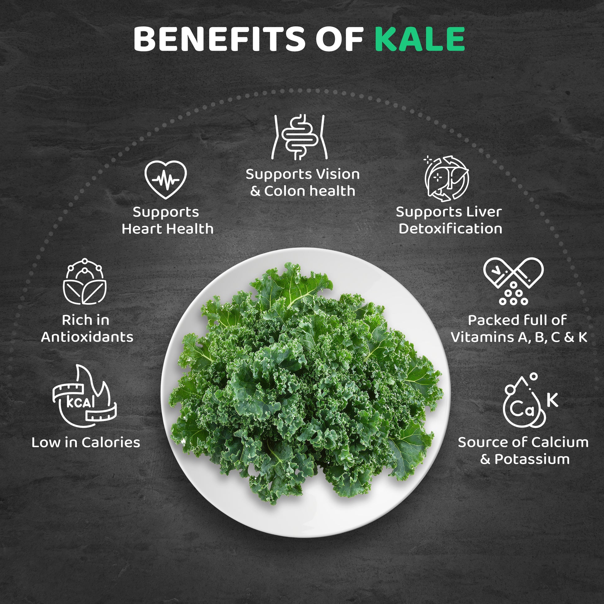 Nutritional benefits of kale including heart support, detoxification, vitamins A, B, C, K, and calcium for pets.
