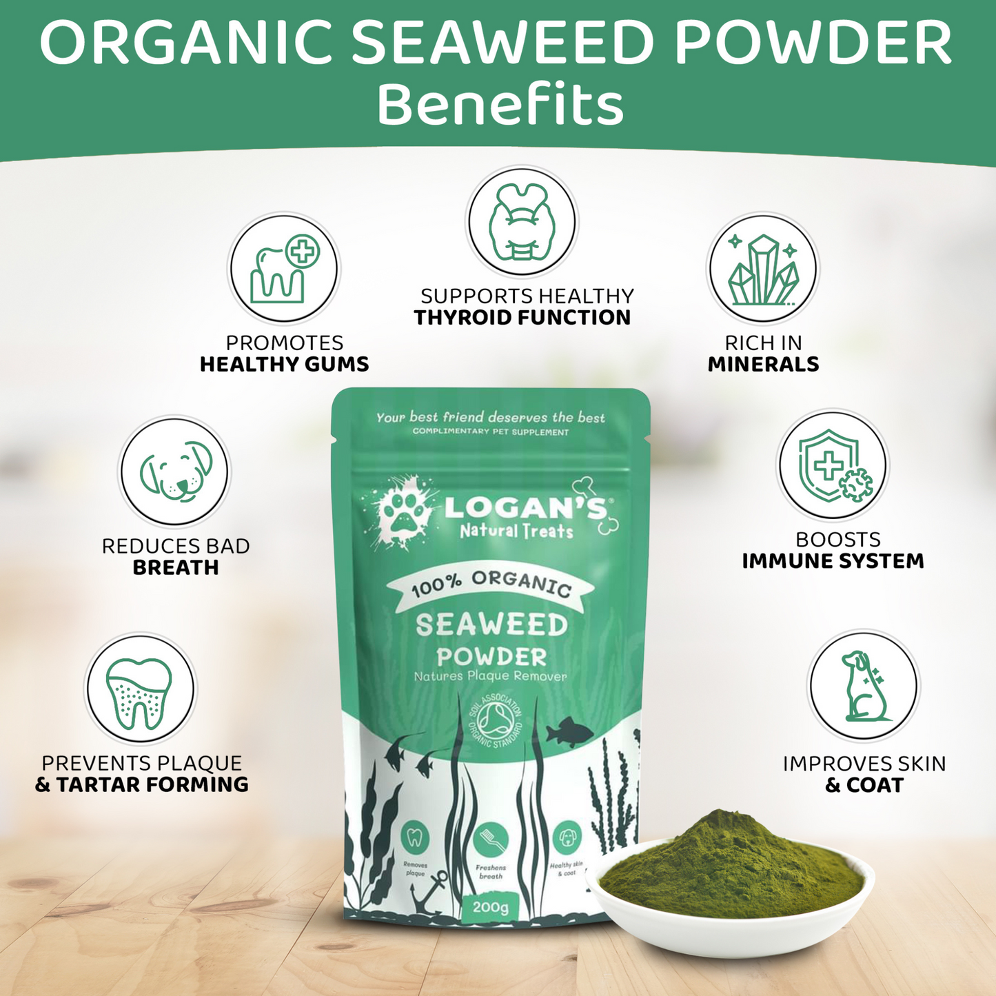 Infographic showing benefits of seaweed powder for pets including gum health, thyroid support, immune function, and breath freshness.