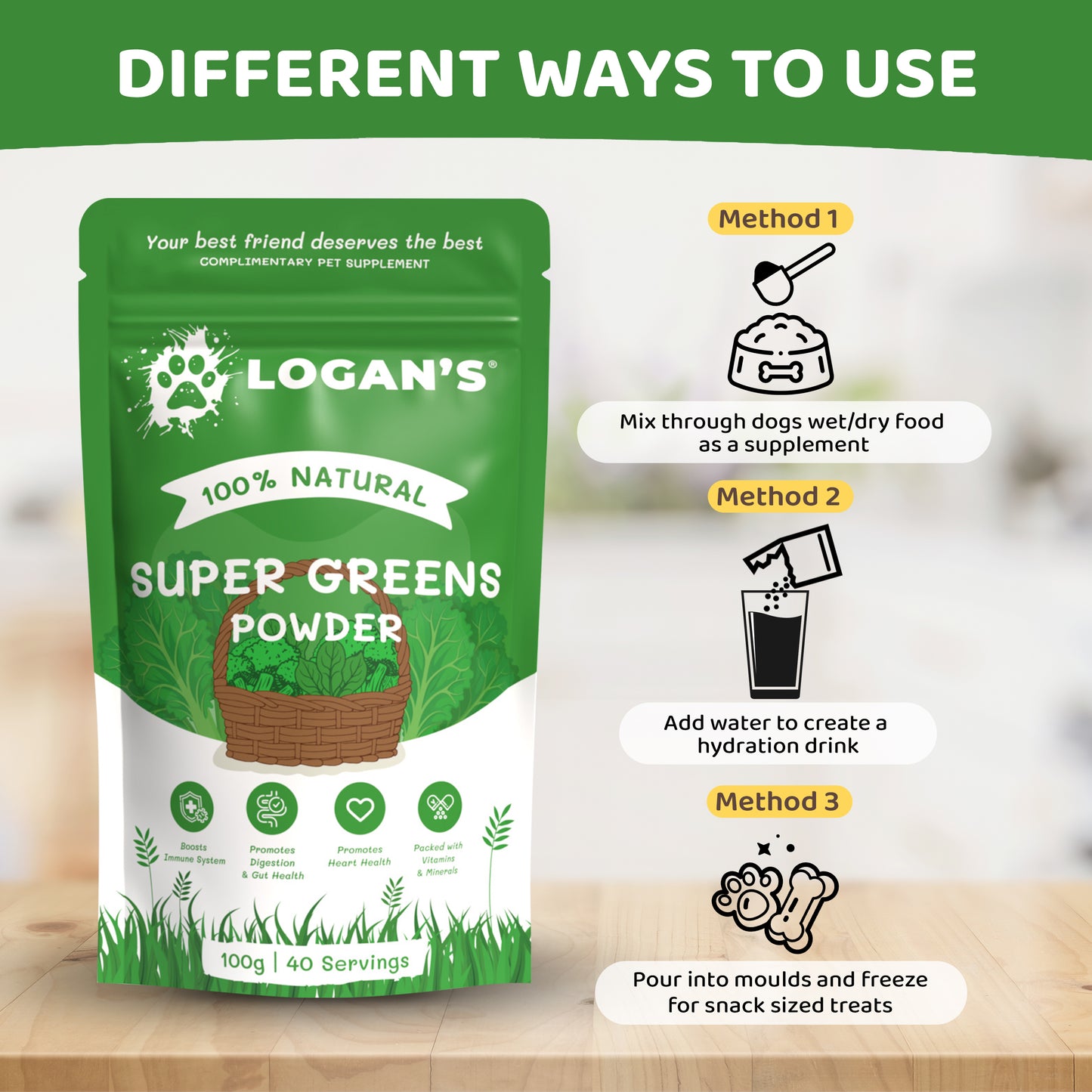 Three ways to use Logan's Super Greens Powder for pets: mix with wet or dry food, add to water as a drink, or freeze in moulds for treats.
