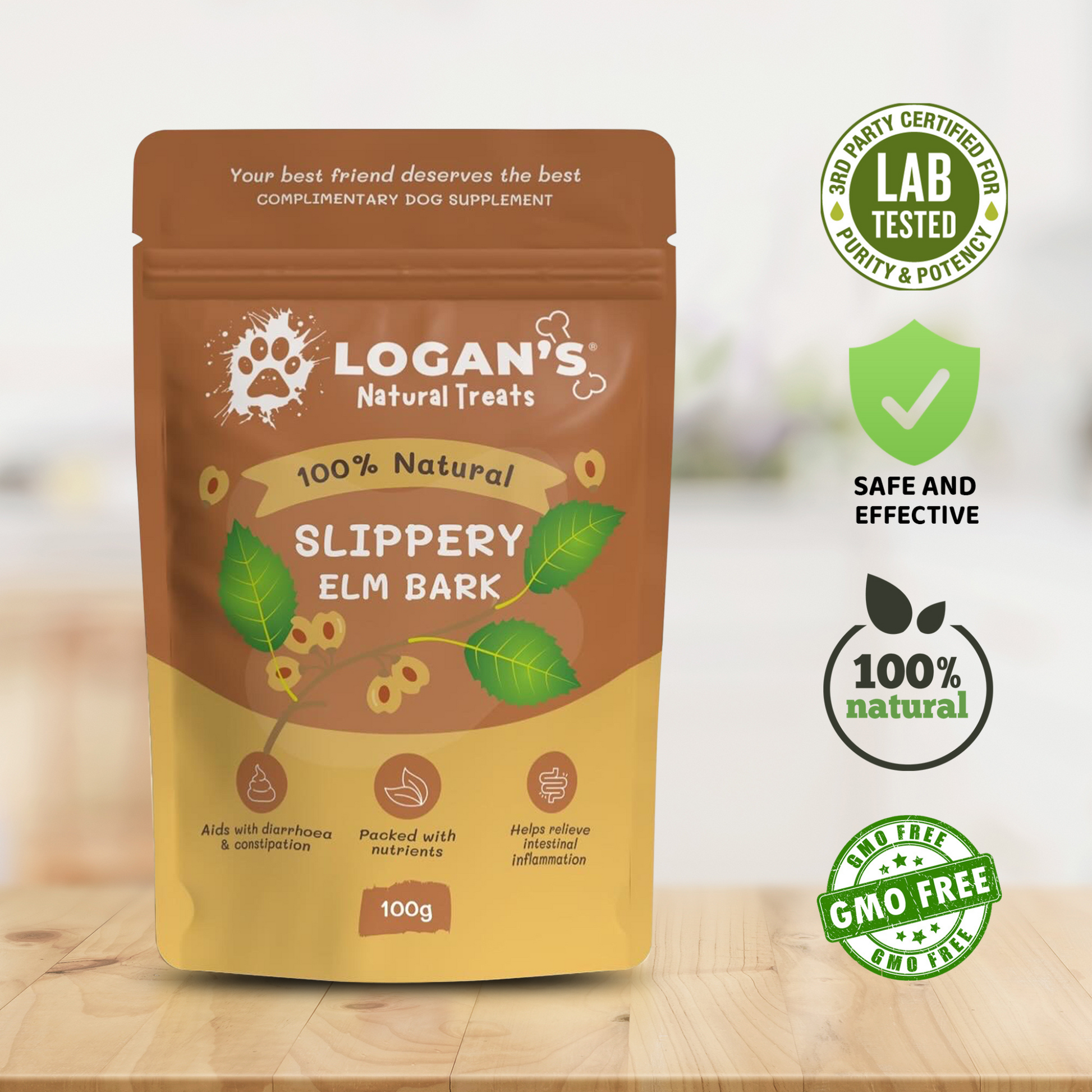 Logan’s Slippery Elm Bark Powder packaging with badges for lab tested, GMO free, and 100% natural certification.
