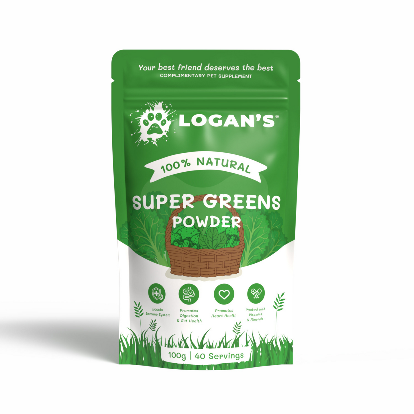 Logan’s Pets Super Greens Powder – 100% natural supplement blend of spinach, kale, broccoli, and spirulina for dogs and cats, supporting immune, heart, and digestive health.
