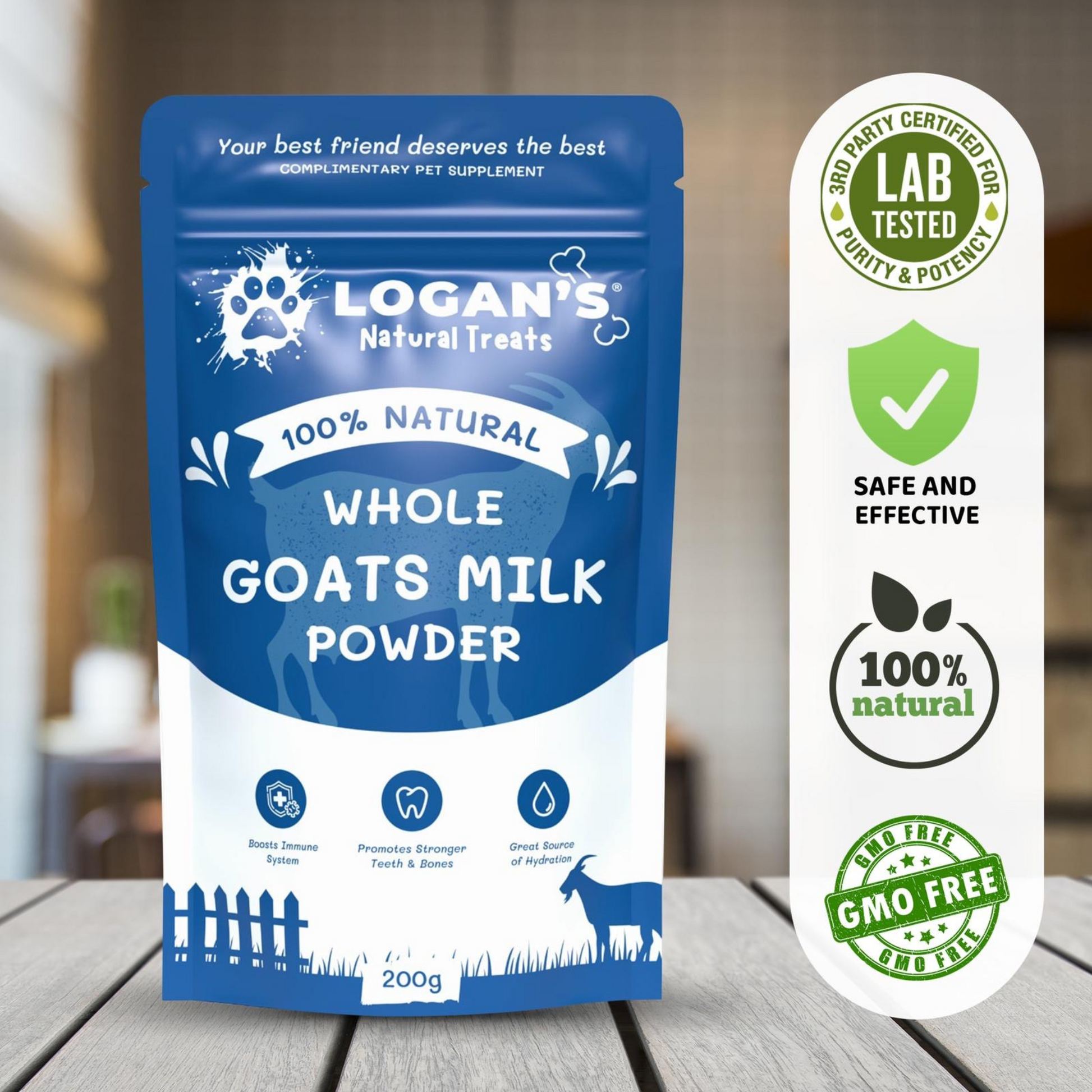 Logan’s Whole Goats Milk Powder packaging with badges for lab tested, GMO-free, vegan, and 100% natural certification.