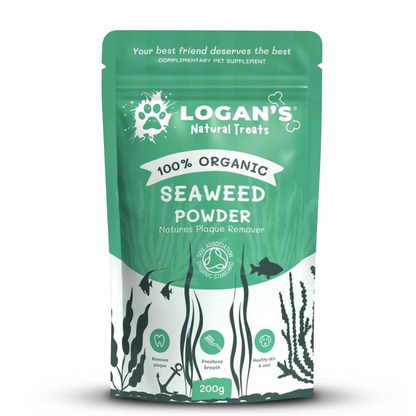 Logan’s Organic Seaweed Powder for pets, a natural supplement to remove plaque, freshen breath, and support skin health.