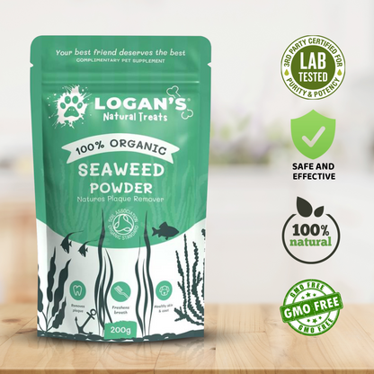 Logan’s Organic Seaweed Powder packaging with 100% natural, GMO-free, and lab-tested certification icons.