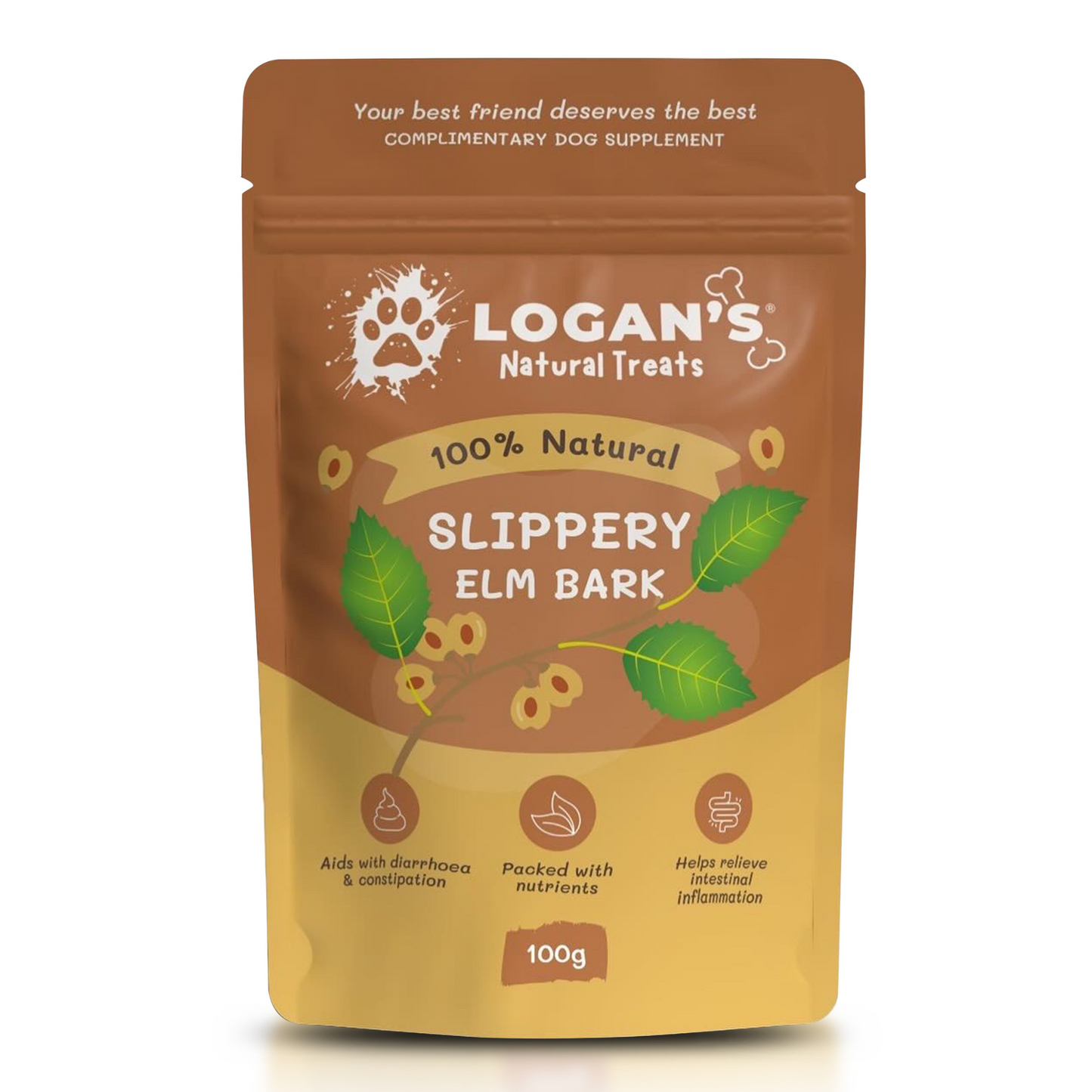 Logan’s Slippery Elm Bark Powder, a 100% natural dog supplement supporting digestion, inflammation relief, and gut health.