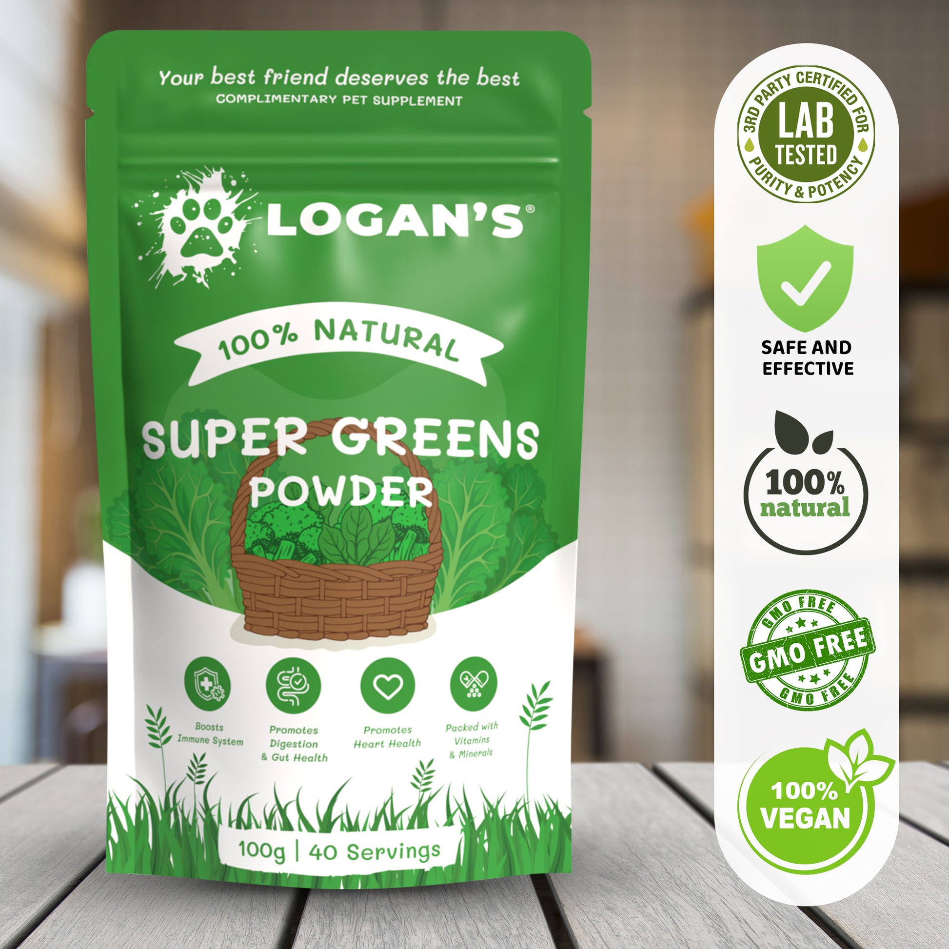 Logan's Super Greens Powder packaging with labels showing lab tested, GMO-free, 100% natural, and vegan certification.