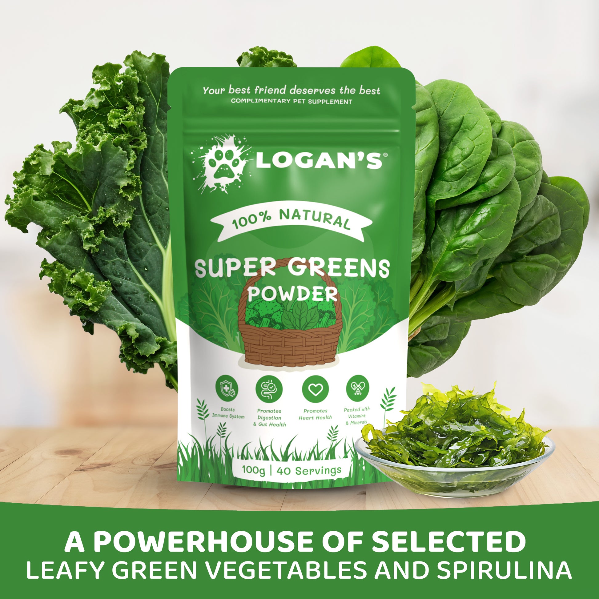 Logan's Super Greens Powder for pets, made from a powerhouse blend of leafy greens and spirulina, featuring kale, spinach, and sea greens.