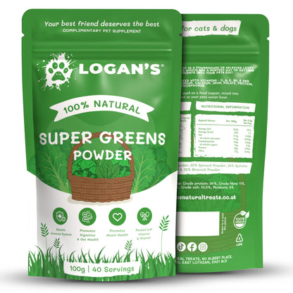 Logan's 100% Natural Super Greens Powder for cats and dogs – promotes immune support, gut health, and heart health with spinach, spirulina, kale, and broccoli.