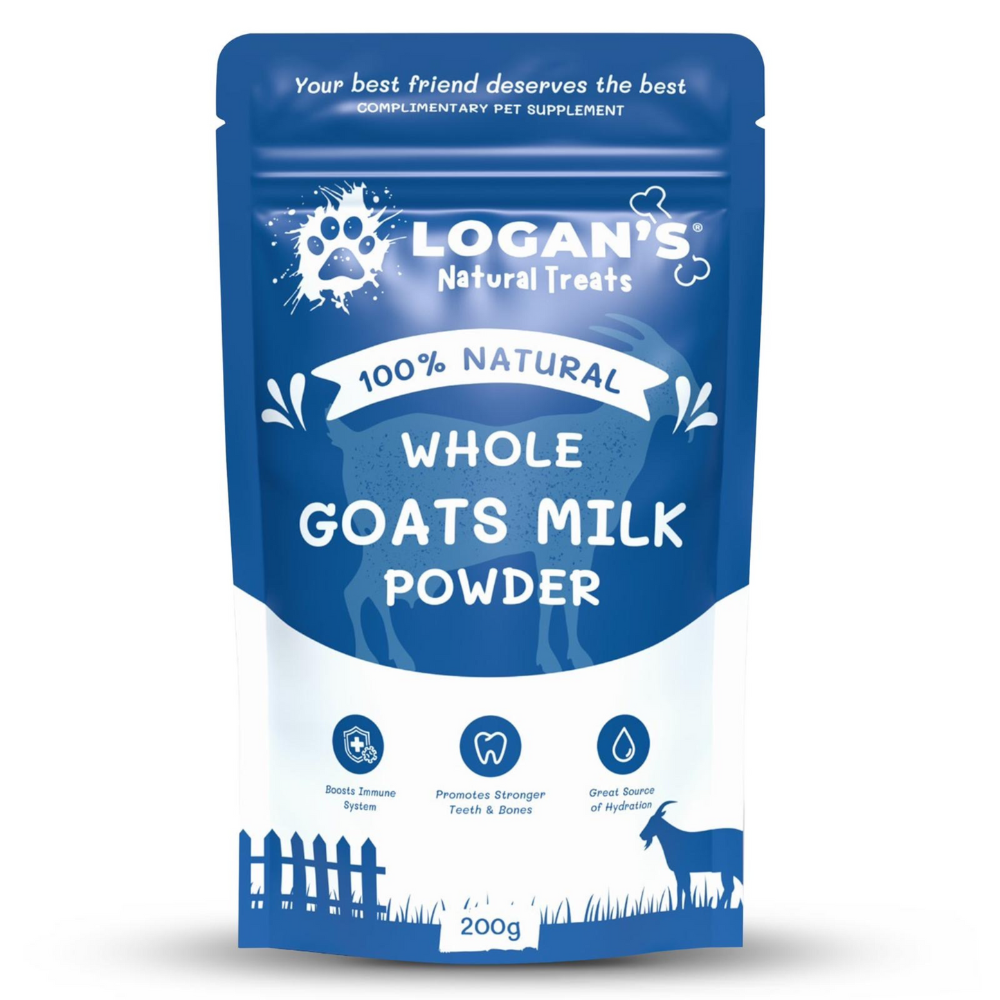 Logan’s 100% Natural Whole Goats Milk Powder for pets, a nutritious supplement supporting immune health, teeth, bones, and hydration.