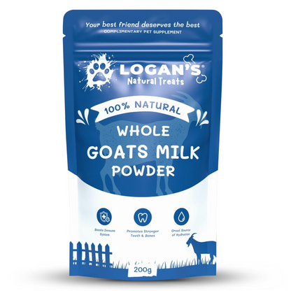 Logan’s 100% Natural Whole Goats Milk Powder for pets, a nutritious supplement supporting immune health, teeth, bones, and hydration.