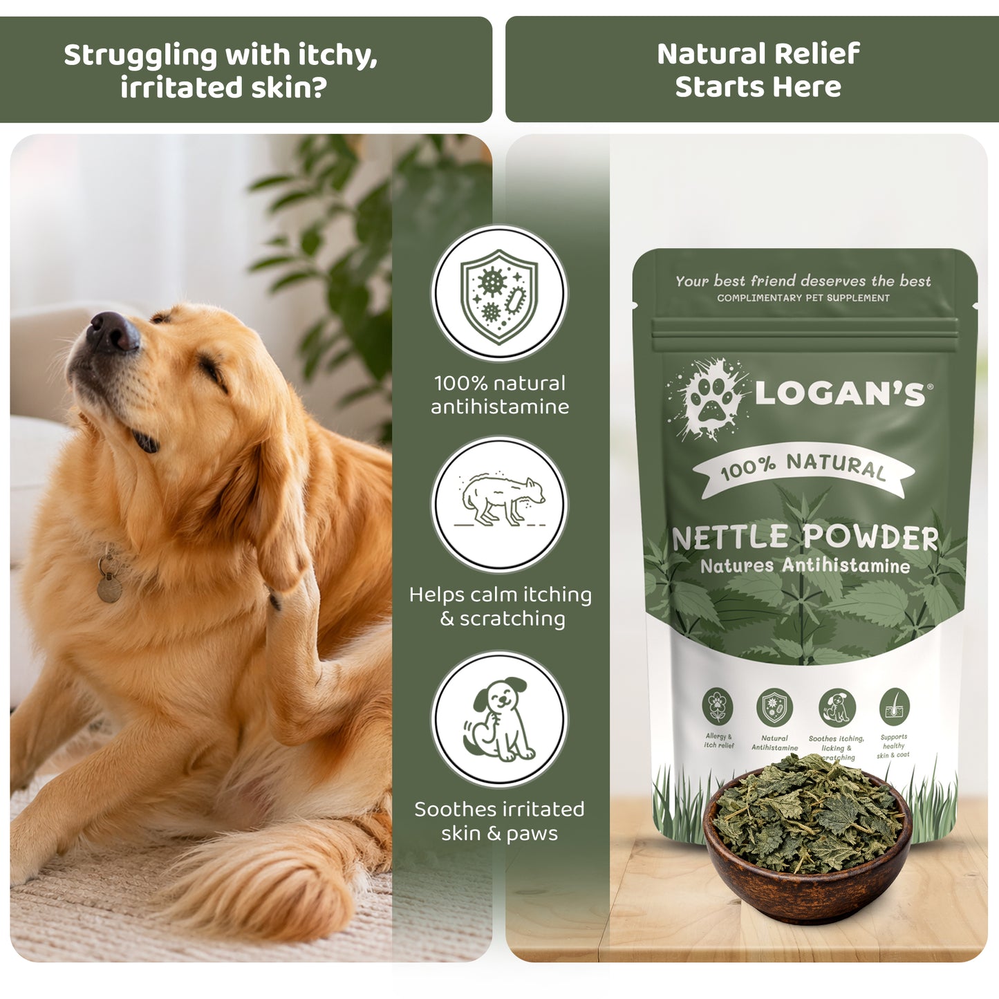 Logan's Nettle Powder – Nature's Antihistamine for Dogs & Cats