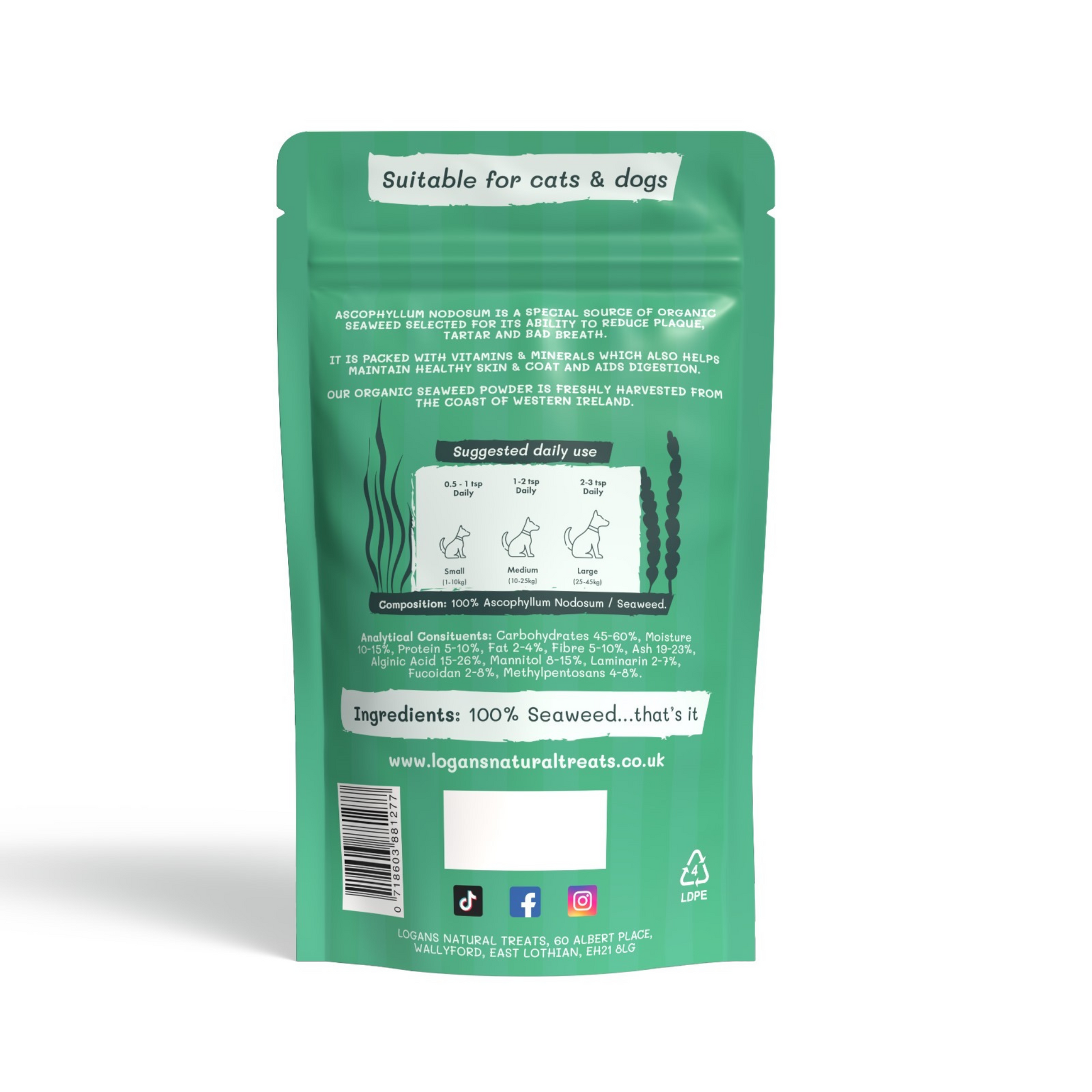 Back of Logan’s Seaweed Powder pack showing feeding instructions, nutritional content, and organic seaweed source.