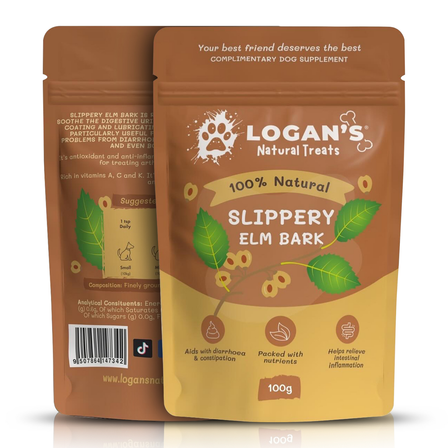 Front and back view of Logan’s Slippery Elm Bark Powder, showing directions, ingredients, and nutritional support for dogs.