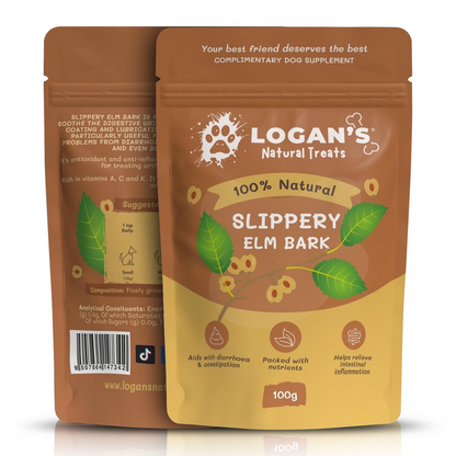 Front and back view of Logan’s Slippery Elm Bark Powder, showing directions, ingredients, and nutritional support for dogs.
