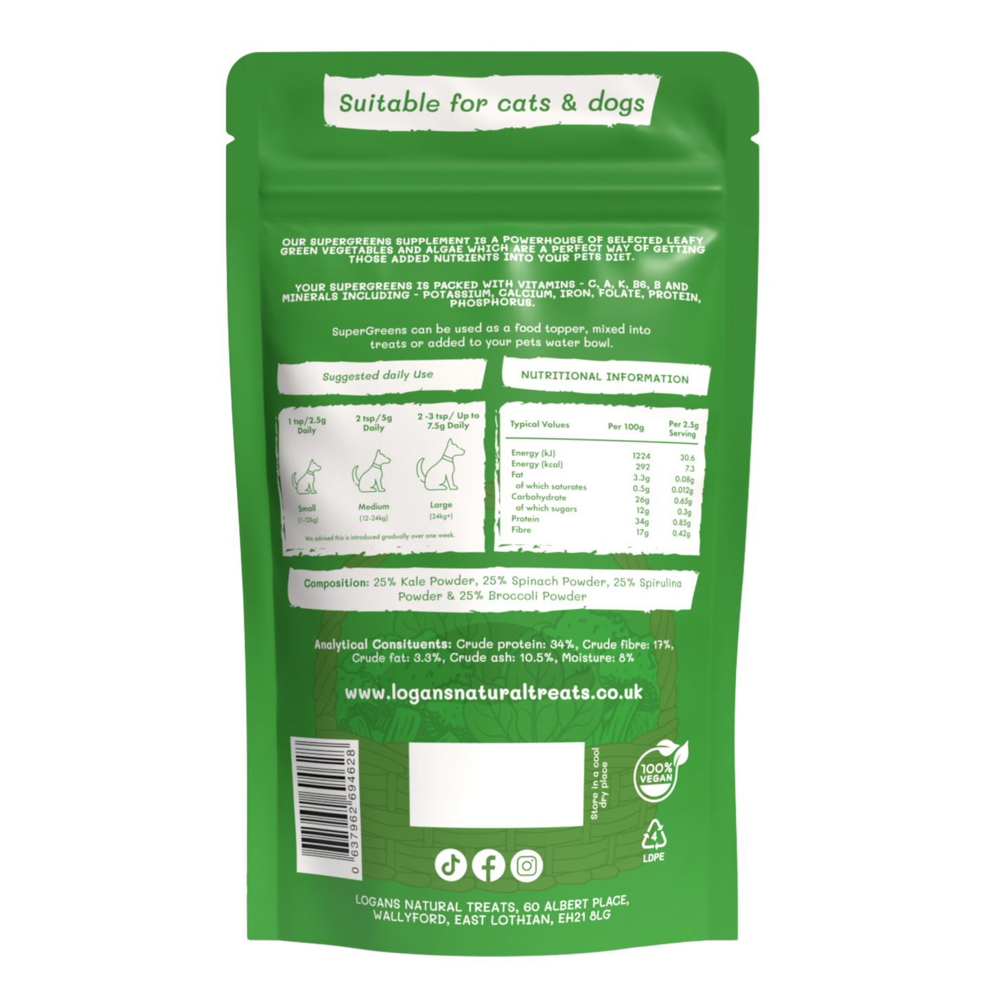 Back of Logan's Super Greens Powder showing nutritional information and barcode