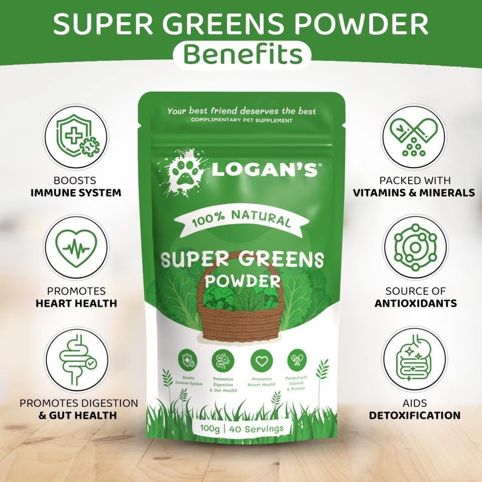 Benefits of Logan's Super Greens Powder including immune boost, heart health, digestion, and detox support