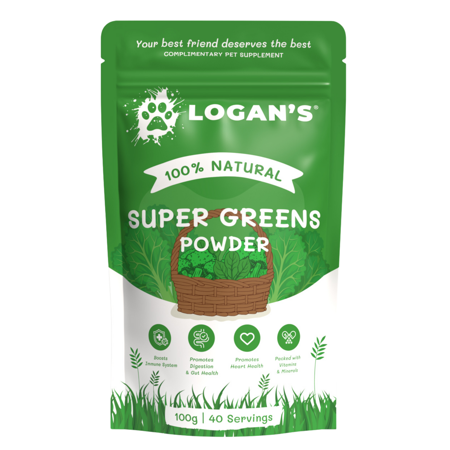 Front packaging of Logan's Super Greens Powder for dogs and cats