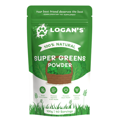 Front packaging of Logan's Super Greens Powder for dogs and cats