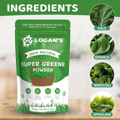 Ingredients in Logan's Super Greens Powder: Kale, Spinach, Broccoli, Spirulina