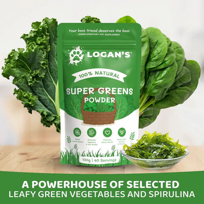 Leafy greens and spirulina used in Logan's Super Greens Powder for dogs and cats