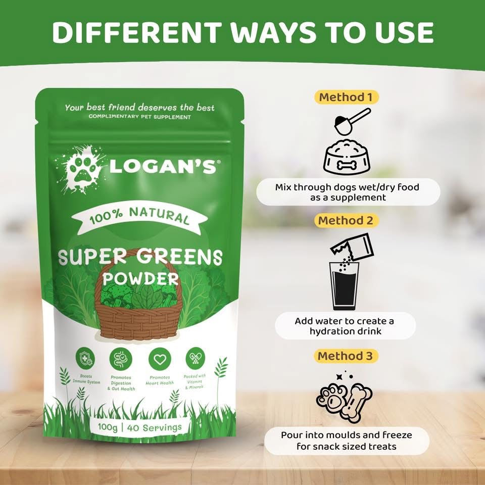 Three ways to use Logan's Super Greens Powder: mixed with food, treats, or frozen into cubes
